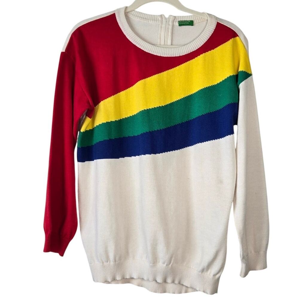 Rare Vintage Benetton Colorblock Rainbow Asymmetric Sweater Rear Zipper Size M